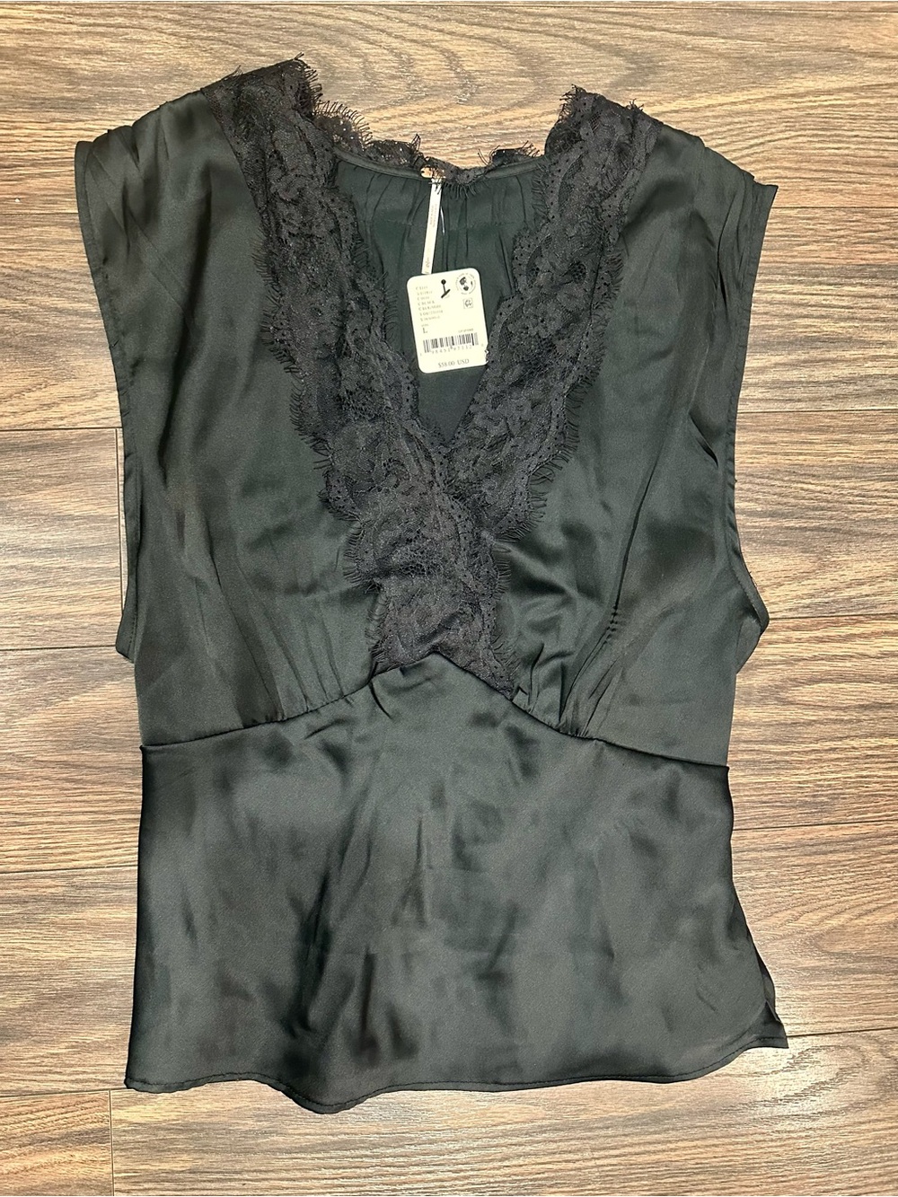 Free People Black Lace-Trim V-Neck Satin Marbella Top Goth Women’s Large NWT
